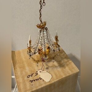 Dollhouse hanging crystal chandelier gold and white decor miniature collectible
